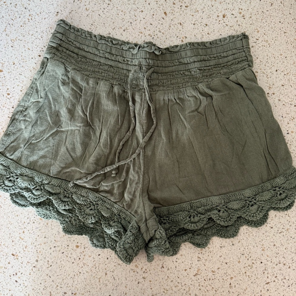 Aerie Sage Green High Waist Crochet Trim Shorts